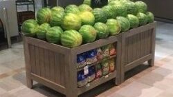 Wood Produce Display Bins with Shelves, Orchard Bins